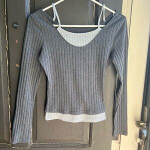 Gray Ribbed Layered-Look Long Sleeve Top